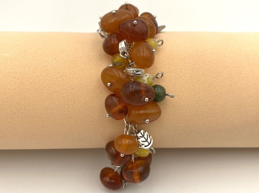 Handmade bracelet from amber, nephrite and agate stones "Golden harvest" - Ornamentico shop