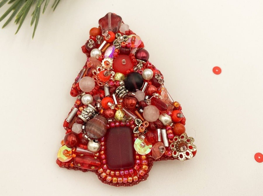 Handmade brooch in the shape of Xmas tree "Red Christmas Tree" - Ornamentico shop