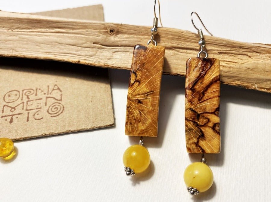 Carefully polished and lacquered rectangular wooden earrings with the Baltic amber beads - Ornamentico shop
