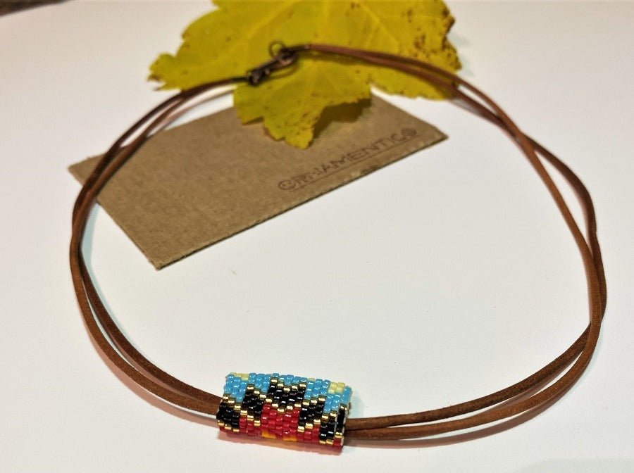 This leather necklace with beads Miyuki is hand made using Peyote stitch technique - Ornamentico shop