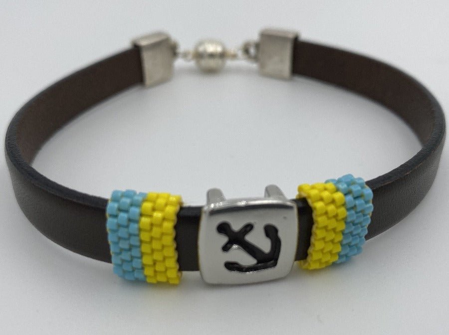 Handmade men's bracelet from leather decorated with large anchor slide bead and inserts from beads Miyuki - Ornamentico shop