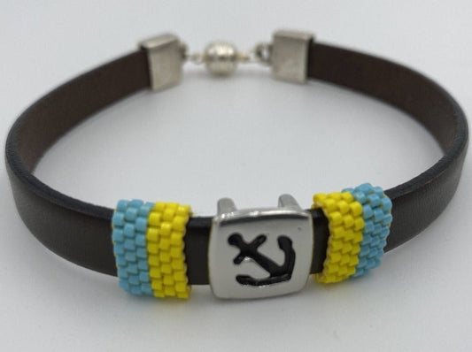 Handmade men's bracelet from leather decorated with large anchor slide bead and inserts from beads Miyuki - Ornamentico shop