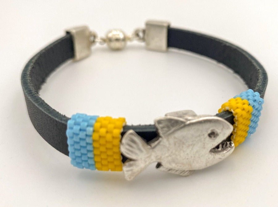 Handmade men's bracelet from leather decorated with piranha large slide bead and insert from beads Miyuki - Ornamentico shop
