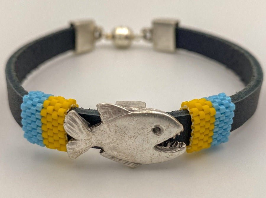 Handmade men's bracelet from leather decorated with piranha large slide bead and insert from beads Miyuki - Ornamentico shop