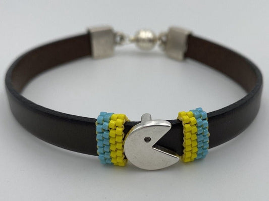 Handmade men's bracelet from leather decorated with Pac-Man large slide bead and inserts from beads Miyuki - Ornamentico shop