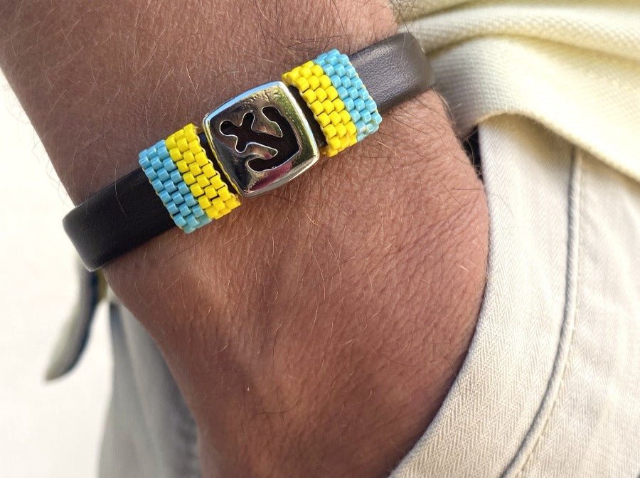 Handmade men's bracelet from leather decorated with large anchor slide bead and inserts from beads Miyuki - Ornamentico shop