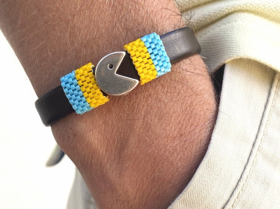 Handmade men's bracelet from leather decorated with Pac-Man large slide bead and inserts from beads Miyuki - Ornamentico shop