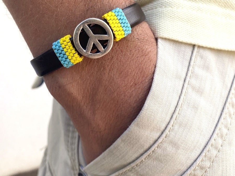 Handmade men's bracelet from leather decorated with large slide bead and inserts from beads Miyuki - Ornamentico shop