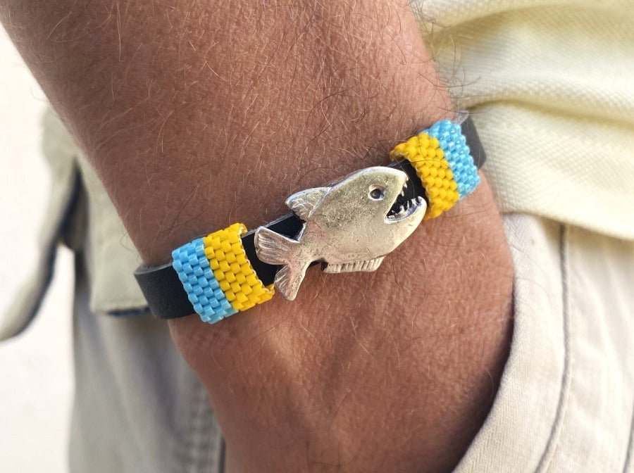 Handmade men's bracelet from leather decorated with piranha large slide bead and insert from beads Miyuki - Ornamentico shop