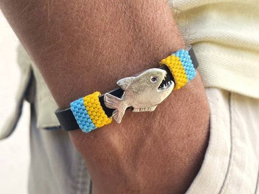 Handmade men's bracelet from leather decorated with piranha large slide bead and insert from beads Miyuki - Ornamentico shop