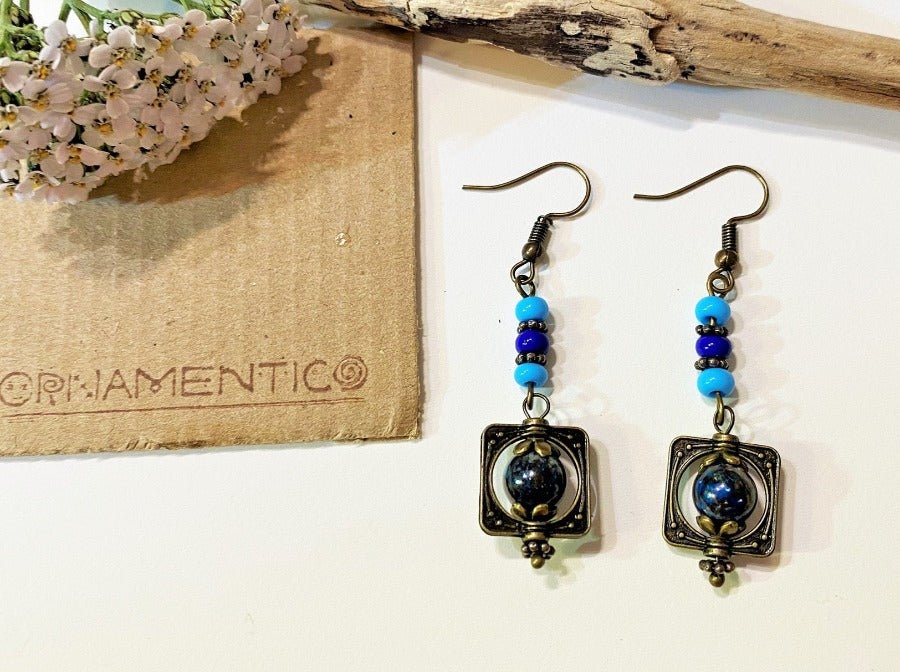 Handmade earrings with shattuckite stone from South Africa framed in bronze floral fitting - Ornamentico shop
