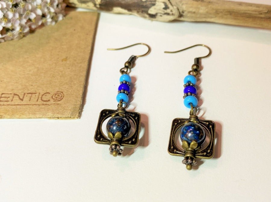 Handmade earrings with shattuckite stone from South Africa framed in bronze floral fitting - Ornamentico shop