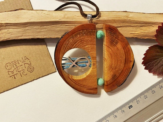 Big wooden pendant with silver inlay and turquoise - Ornamentico shop
