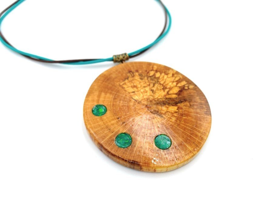 Large handmade wooden pendant with three asymmetric inlays made from polymer clay and imitating malachite - Ornamentico shop