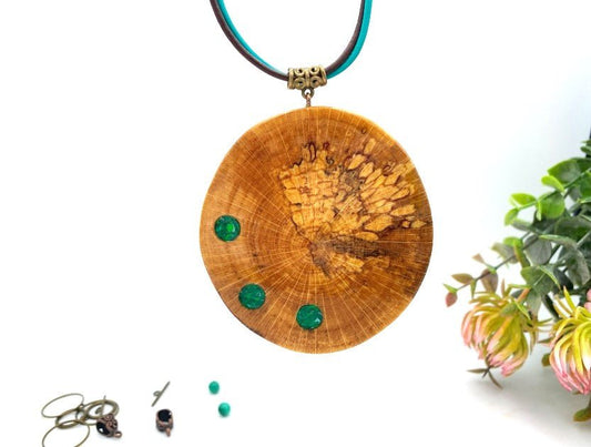 Large handmade wooden pendant with three asymmetric inlays made from polymer clay and imitating malachite - Ornamentico shop