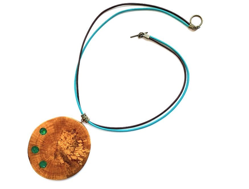 Large handmade wooden pendant with three asymmetric inlays made from polymer clay and imitating malachite - Ornamentico shop