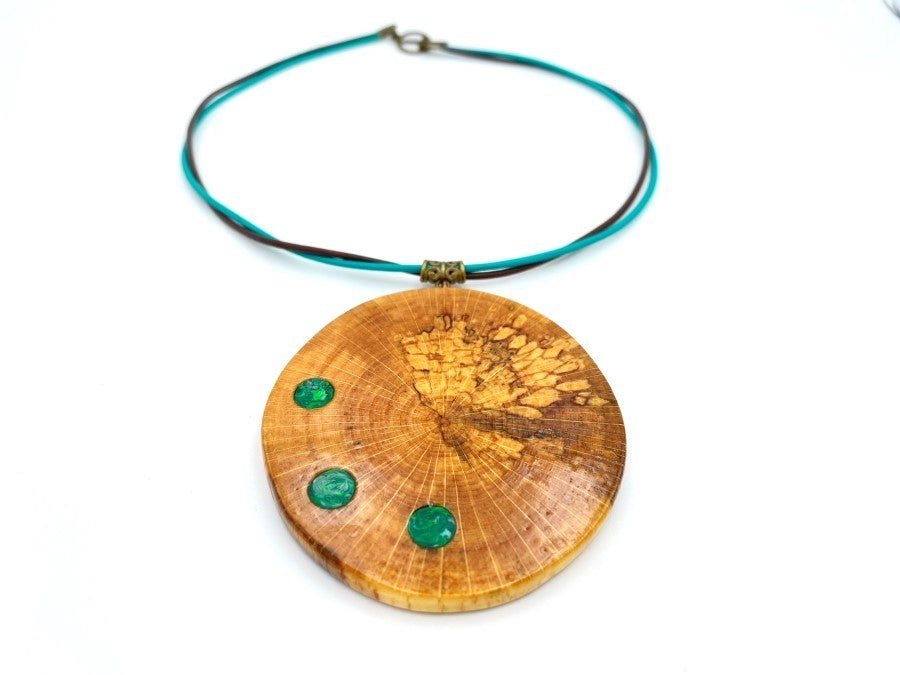 Large handmade wooden pendant with three asymmetric inlays made from polymer clay and imitating malachite - Ornamentico shop
