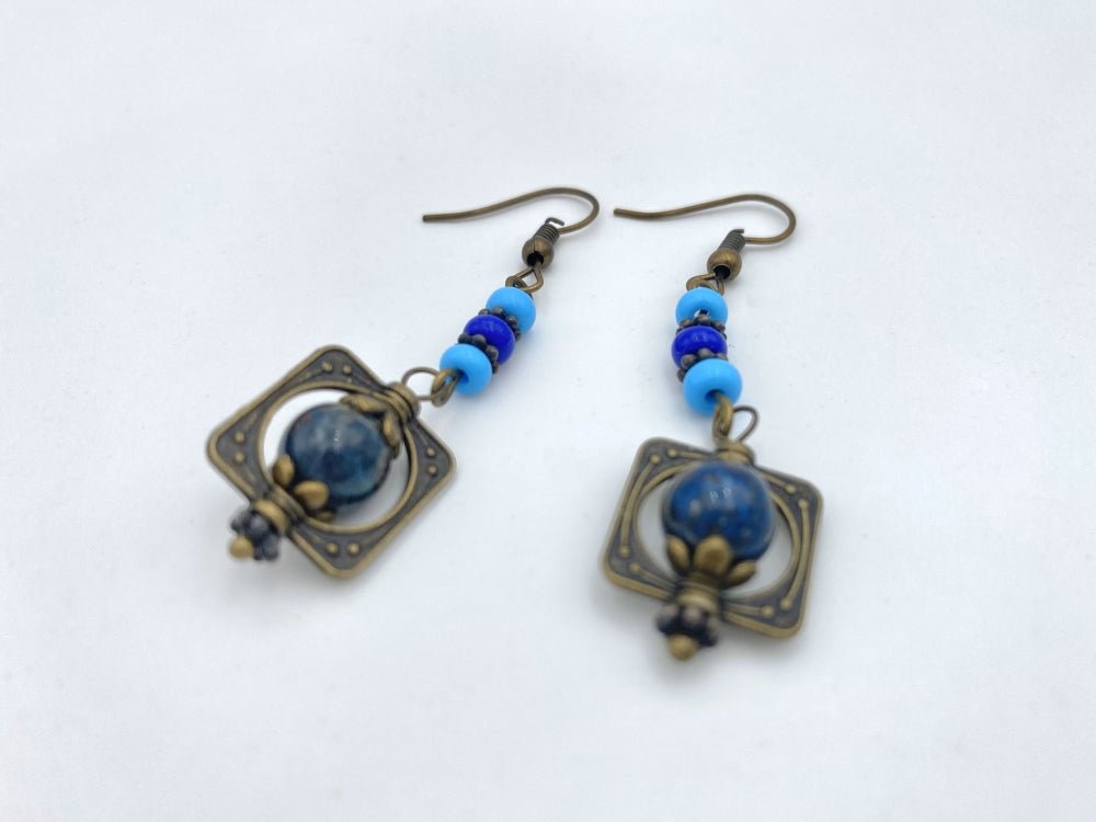 Handmade earrings with shattuckite stone from South Africa framed in bronze floral fitting - Ornamentico shop