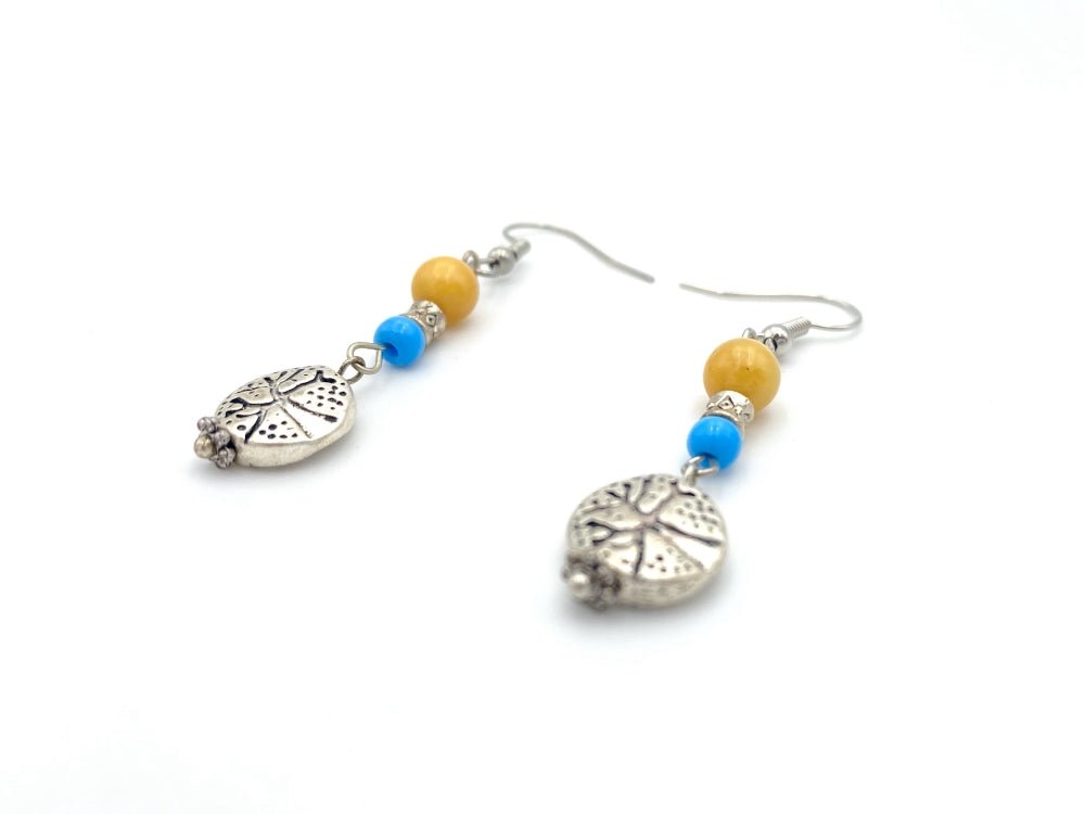Handmade earrings with amber bead with silver charm. Silver fittings, Baltic amber stone, color beads - Ornamentico shop