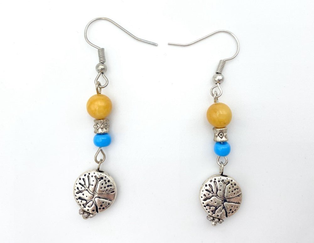 Handmade earrings with amber bead with silver charm. Silver fittings, Baltic amber stone, color beads - Ornamentico shop