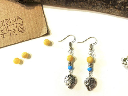 Handmade earrings with amber bead with silver charm. Silver fittings, Baltic amber stone, color beads - Ornamentico shop