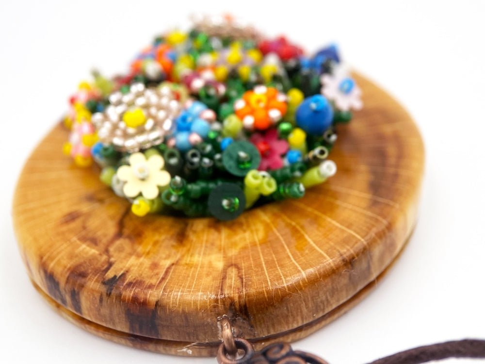 Exclusive colorful wooden pendant with floral sculptural beading inlay - Ornamentico Group