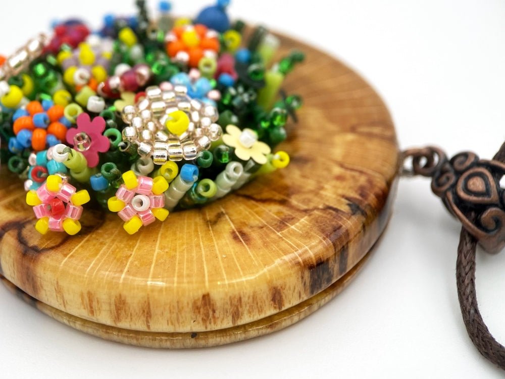 Exclusive colorful wooden pendant with floral sculptural beading inlay - Ornamentico Group