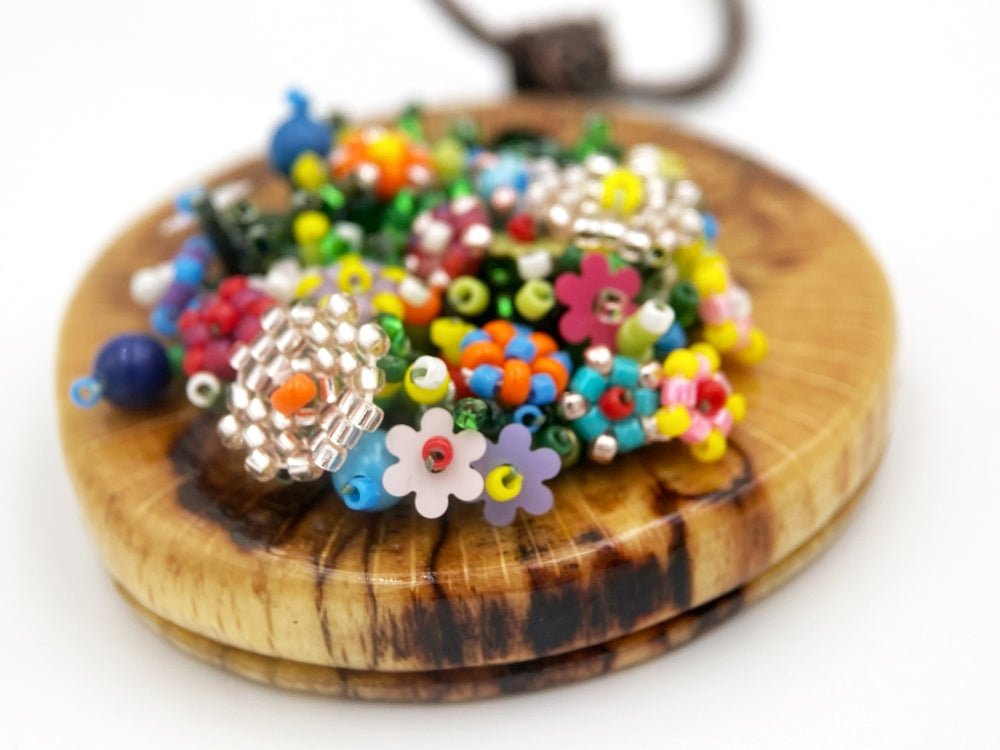 Exclusive colorful wooden pendant with floral sculptural beading inlay - Ornamentico Group