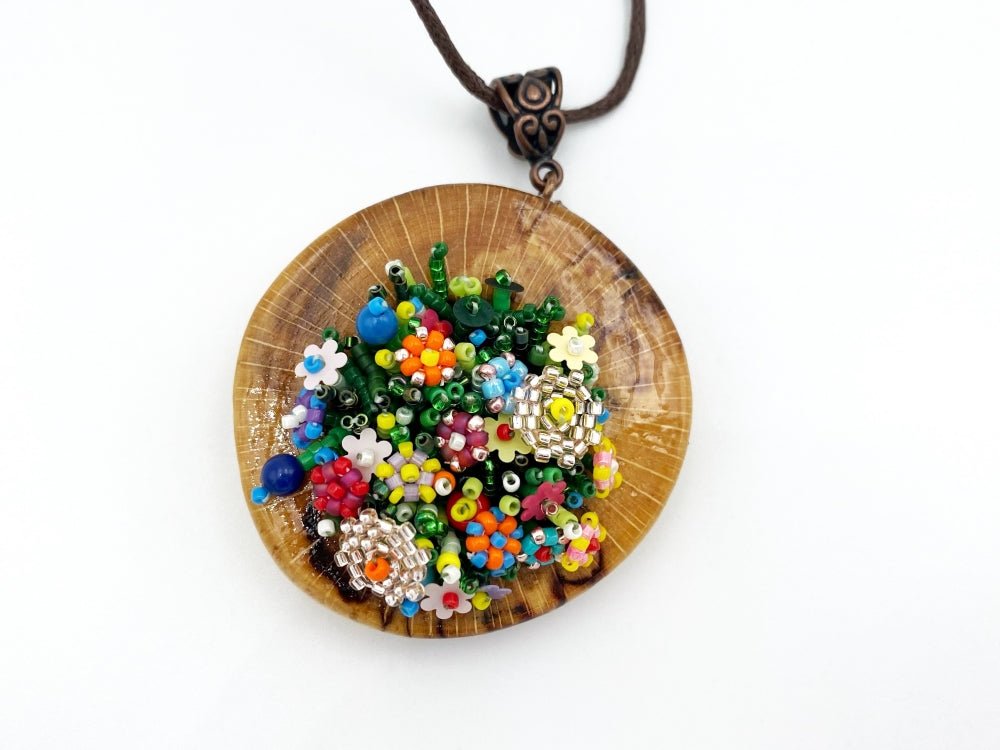 Exclusive colorful wooden pendant with floral sculptural beading inlay - Ornamentico Group