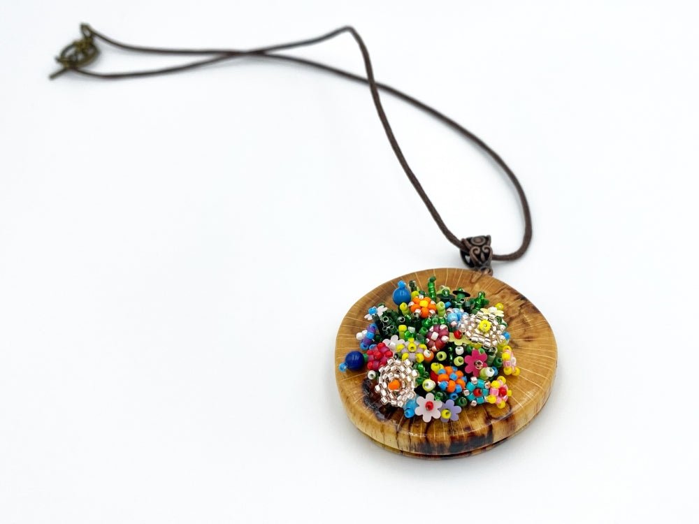 Exclusive colorful wooden pendant with floral sculptural beading inlay - Ornamentico Group
