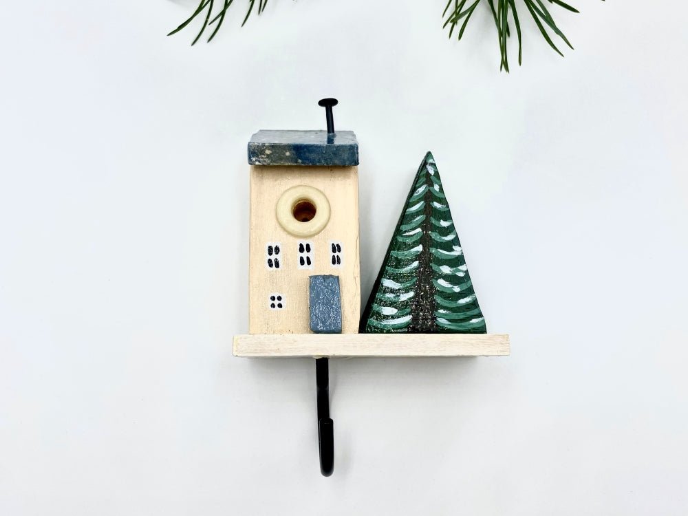 Wooden hand painted hook in the shape of a winter house and a spruce - Ornamentico Shop