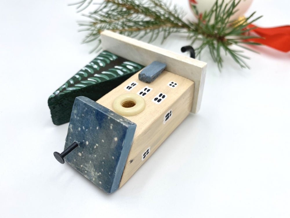 Wooden hand painted hook in the shape of a winter house and a spruce - Ornamentico Shop