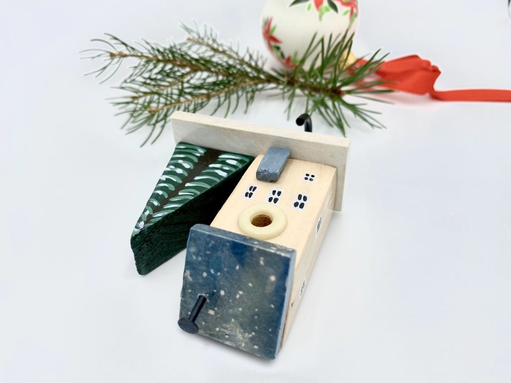 Wooden hand painted hook in the shape of a winter house and a spruce - Ornamentico Shop