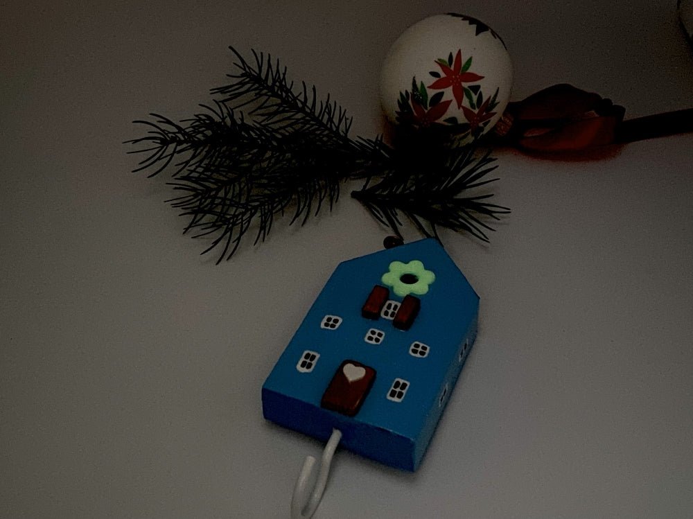 Handmade wooden hook crafted in the shape of a light blue house - Ornamentico shop