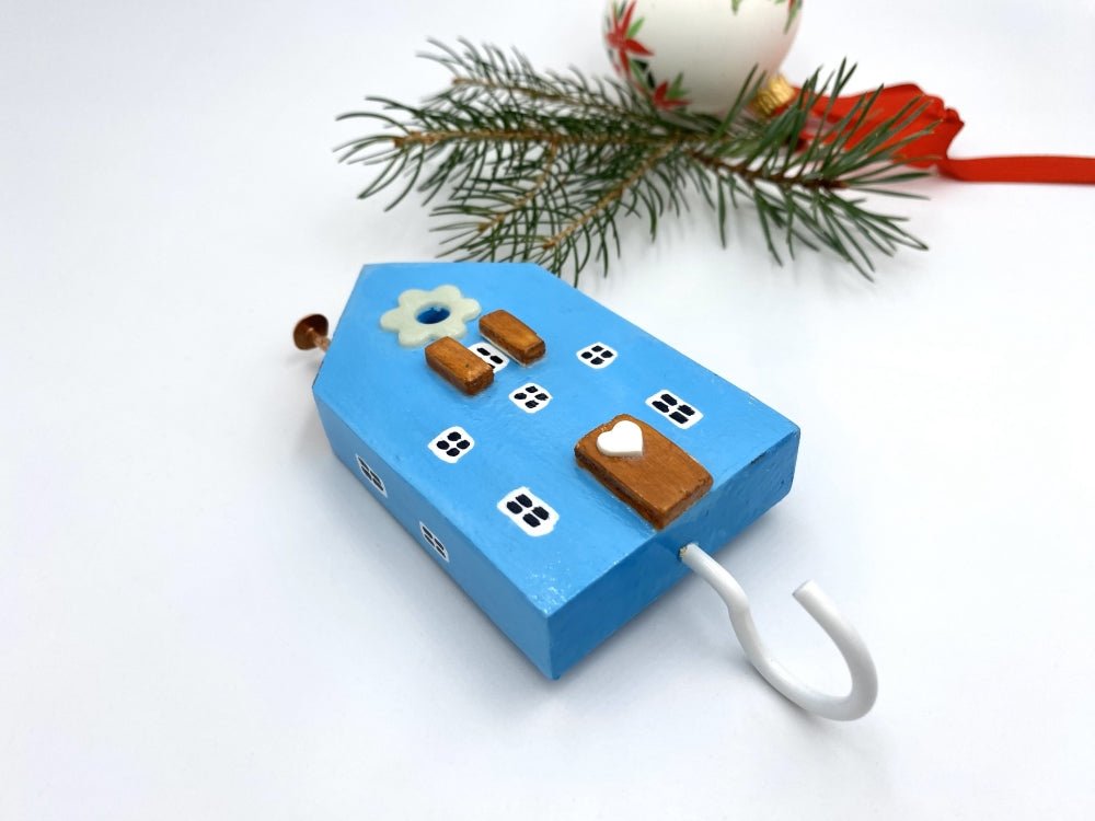 Handmade wooden hook crafted in the shape of a light blue house - Ornamentico shop