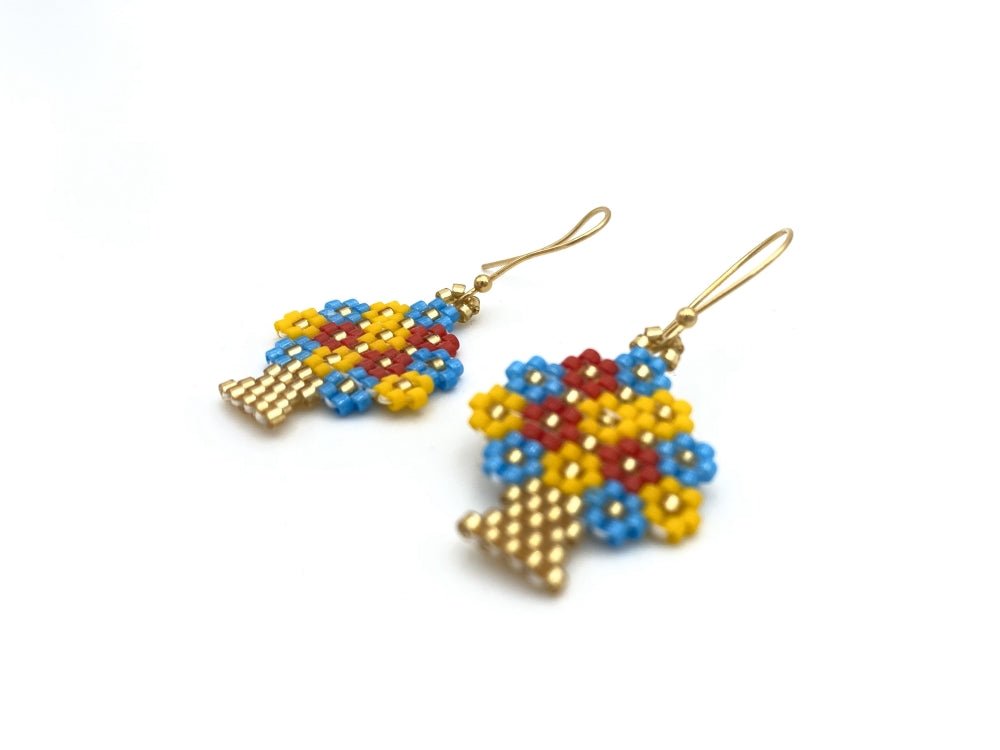 Handmade beaded earrings "Flowerpot" in the colors of Ukrainian flag - Ornamentico shop