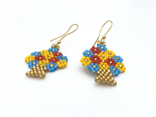 Handmade beaded earrings "Flowerpot" in the colors of Ukrainian flag - Ornamentico shop