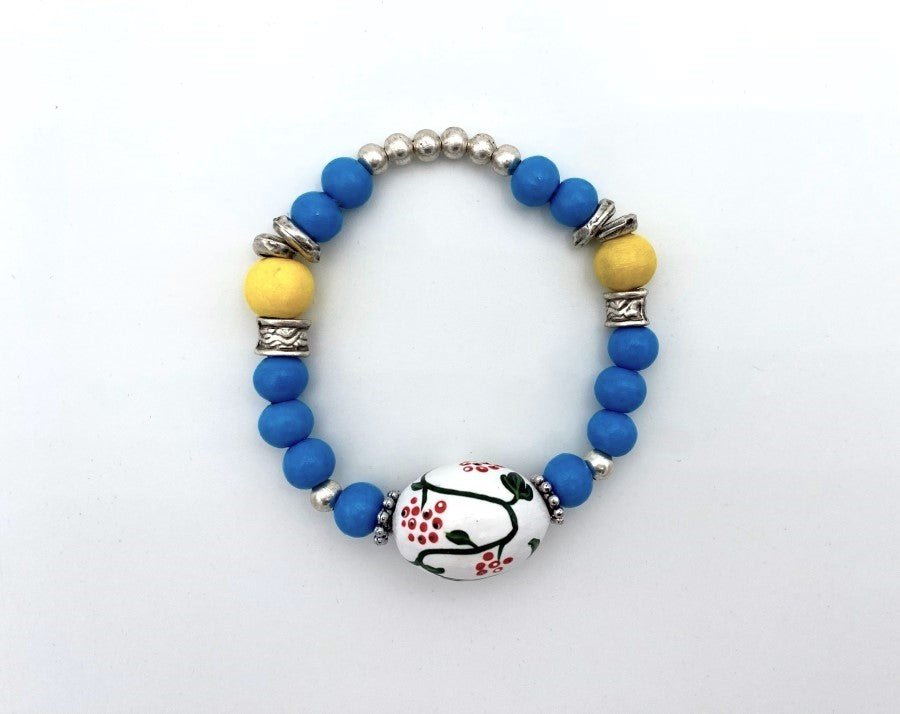 Boho style elegant bracelet from hand painted wooden beads "Kalyna" crafted in colors of Ukrainian flag - Ornamentico shop