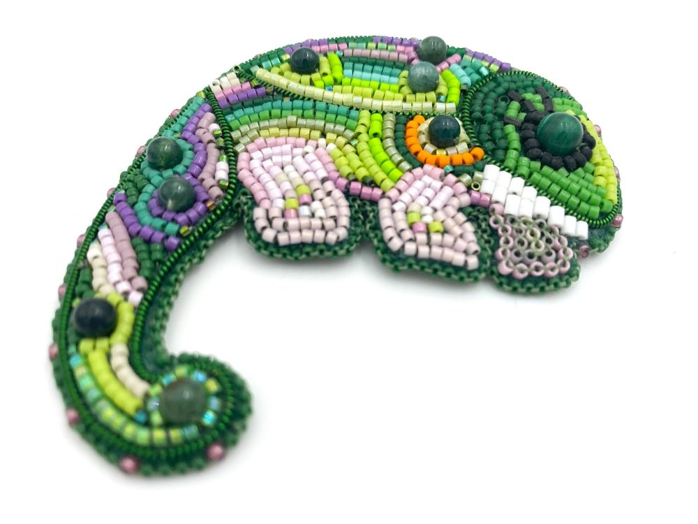 Handmade brooch "Chameleon" made of glass beads, Miyuki beads and malachite stone bead - Ornamentico shop