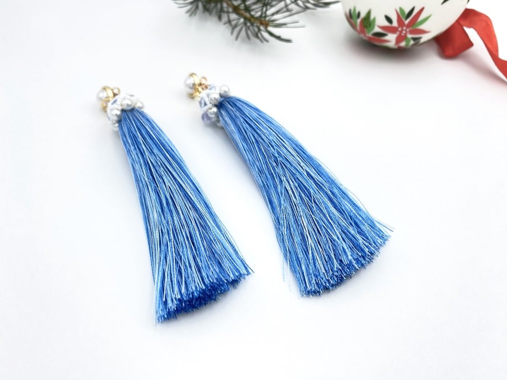 Handmade earrings with long blue tassels covered with beaded cap connected to the small stud - Ornamentico shop