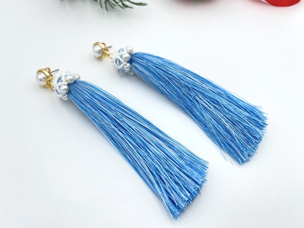 Handmade earrings with long blue tassels covered with beaded cap connected to the small stud - Ornamentico shop