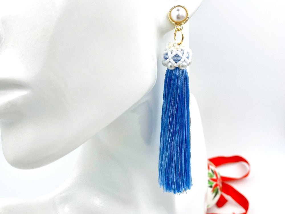 Handmade earrings with long blue tassels covered with beaded cap connected to the small stud - Ornamentico shop