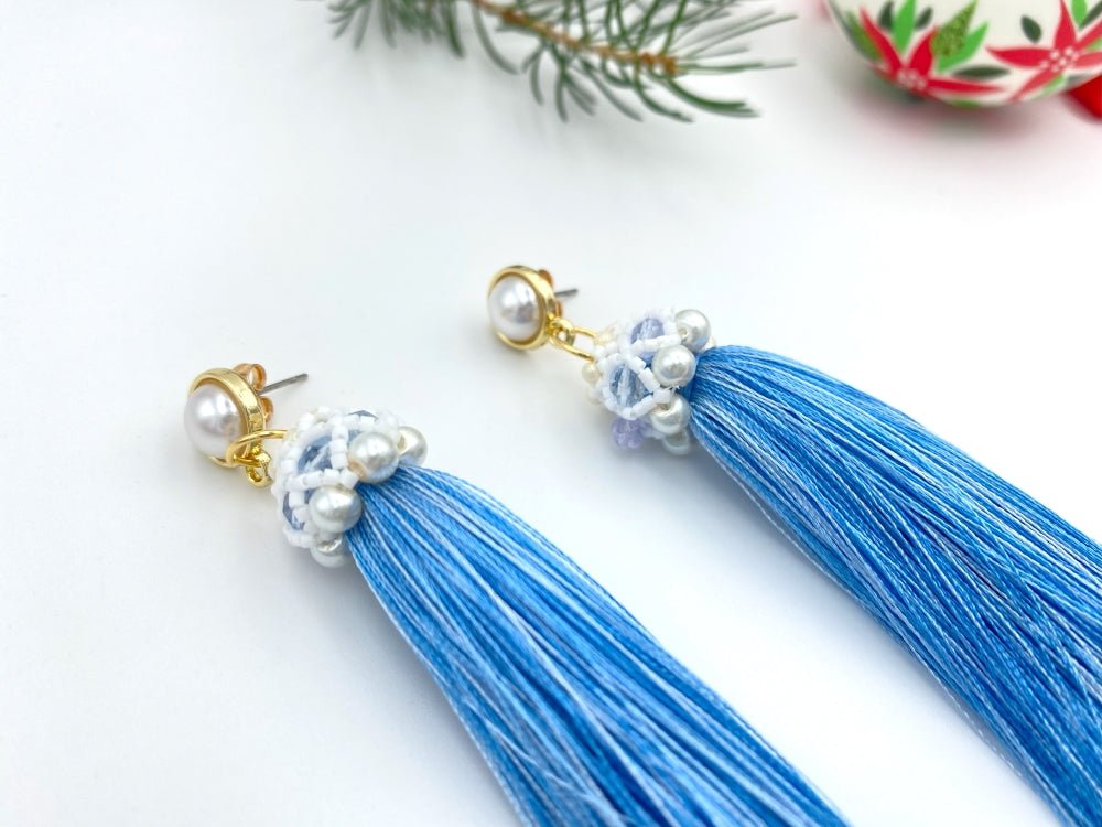 Handmade earrings with long blue tassels covered with beaded cap connected to the small stud - Ornamentico shop