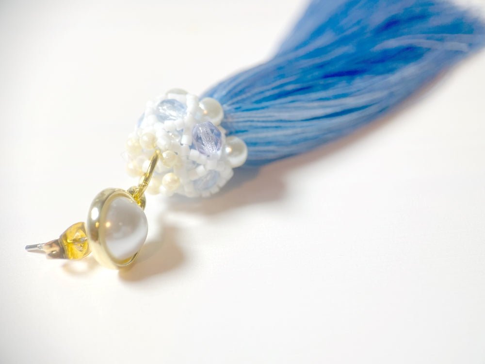 Handmade earrings with long blue tassels covered with beaded cap connected to the small stud - Ornamentico shop