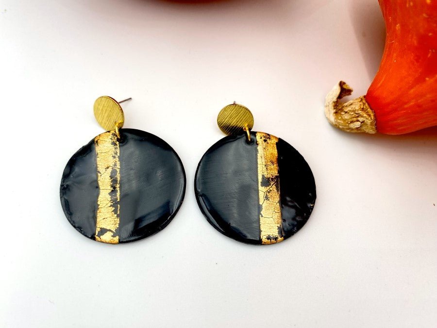 Handmade earrings in black and gold colors from polymer clay with gold plated studs - Ornamentico shop