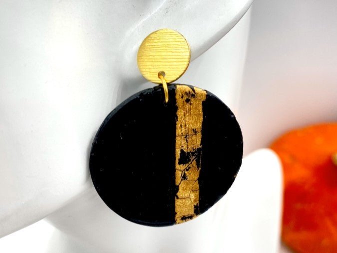 Handmade earrings in black and gold colors from polymer clay with gold plated studs - Ornamentico shop