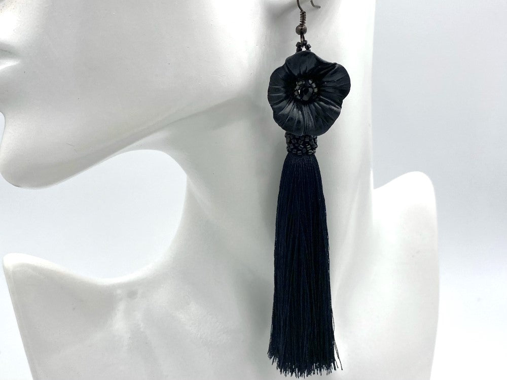 Handmade earrings featuring big polymer clay flower, faceted glass beads and long rayon tassels - Ornamentico shop