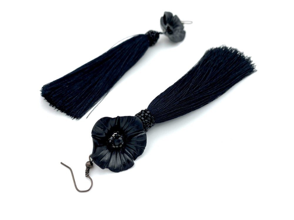 Handmade earrings featuring big polymer clay flower, faceted glass beads and long rayon tassels - Ornamentico shop