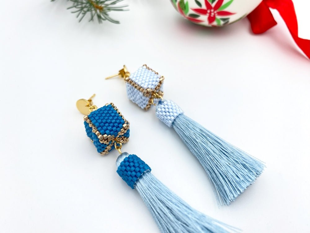 Handmade earrings in blue hues with cubic beads crafted in peyote technique accented with rayon tassels - Ornamentico shop