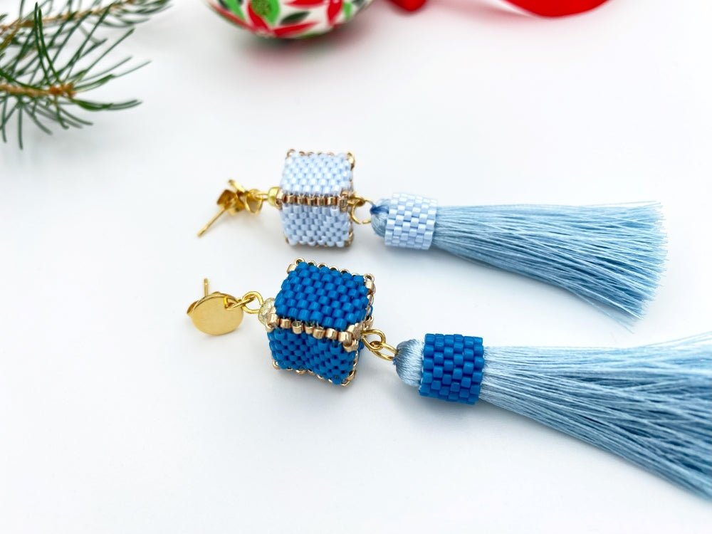 Handmade earrings in blue hues with cubic beads crafted in peyote technique accented with rayon tassels - Ornamentico shop